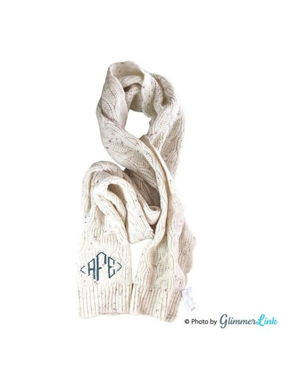 NWT Lands' End Ivory Confetti Cable Knit Scarf Wool Blend Monogram AFE